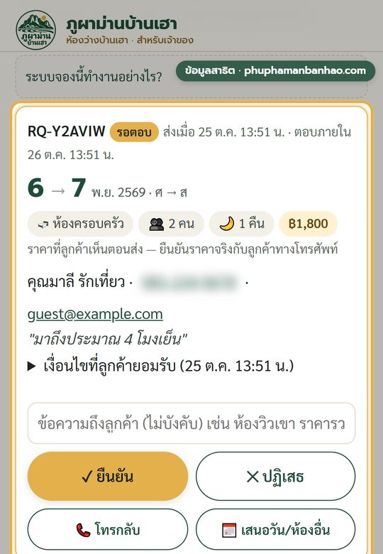 หน้าจอแอปห้องว่าง: คำขอจองใหม่ พร้อมปุ่มยืนยัน ปฏิเสธ โทรกลับ